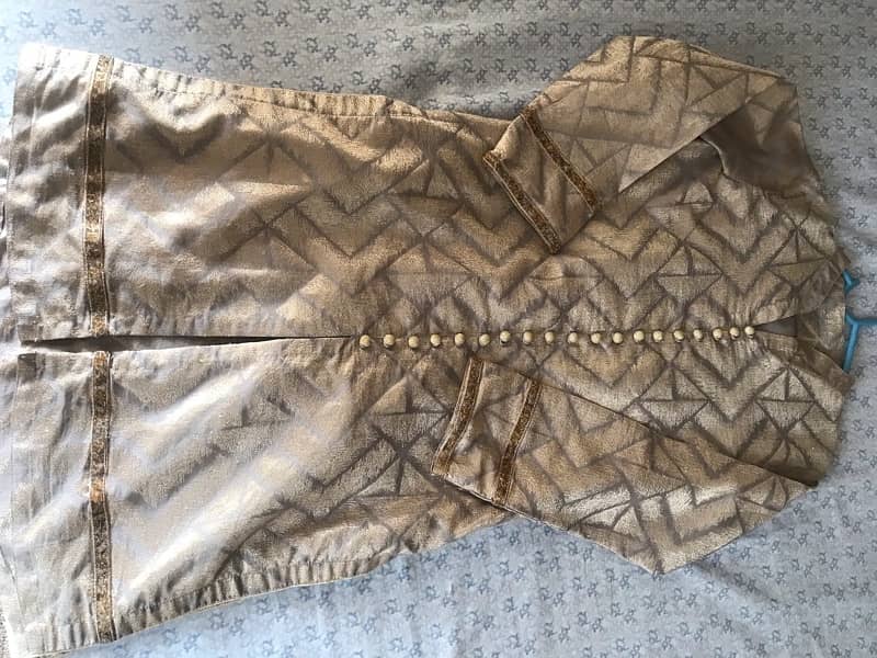 peach and golden two piece shirt trouser stitched dress for sale 1