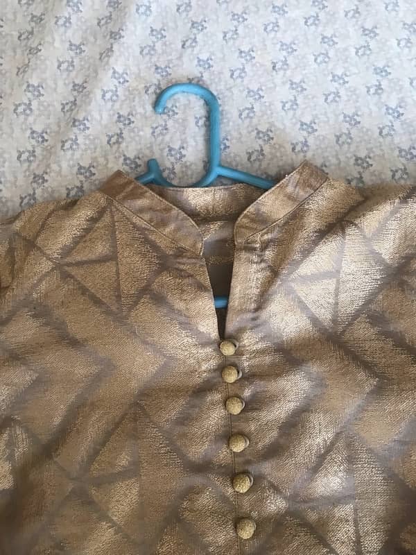 peach and golden two piece shirt trouser stitched dress for sale 2