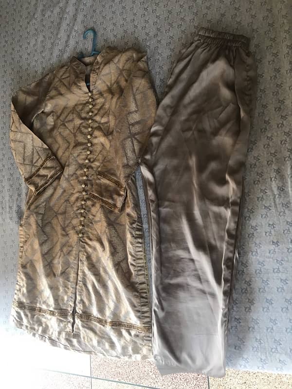 peach and golden two piece shirt trouser stitched dress for sale 3