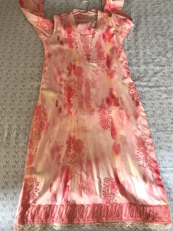 peach and golden two piece shirt trouser stitched dress for sale 5