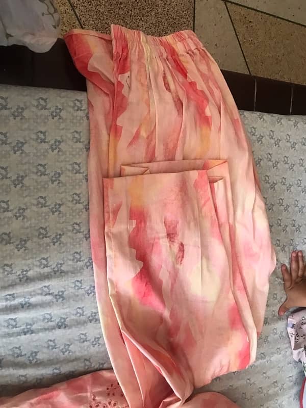 peach and golden two piece shirt trouser stitched dress for sale 6