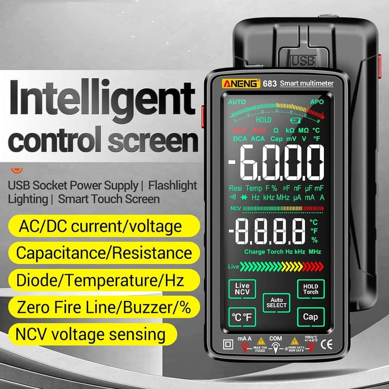 Aneng 683 Large Touch Screen Auto 1000v AC/DC Rechargeable Multimeter 2
