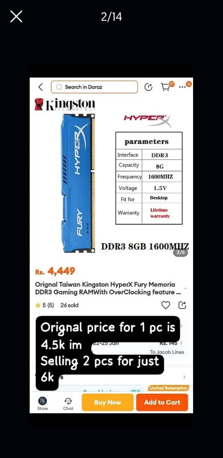 Hyper X Fury 2pcs 8Gb ddr3 1600 mhz Gaming RAM with heat syncs 1