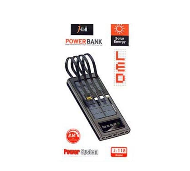 J-Cell 10000mAh Solar Power Bank with Built-in Cables, Model J-118 0