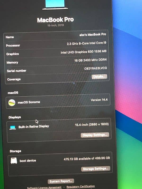 MacBook Pro 2019/ core i9/ 16-512GB 15" Retina Display 4gb Graphics 9