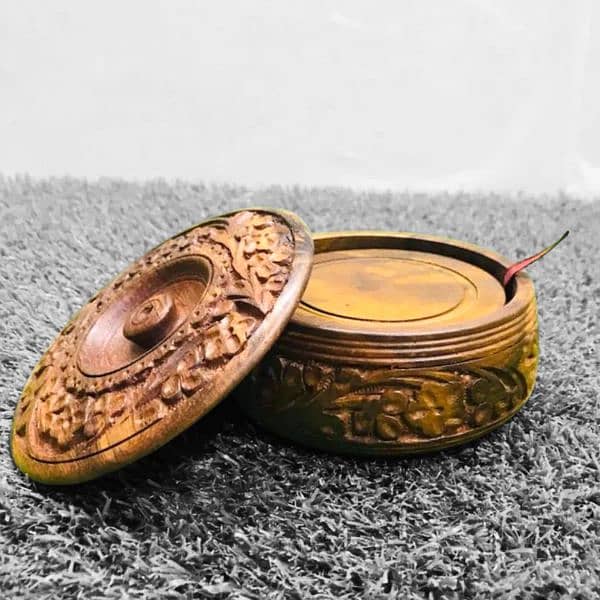 Brass Work Coaster, Wooden Tea Mat, Carved Tea Coaster For Table. 2