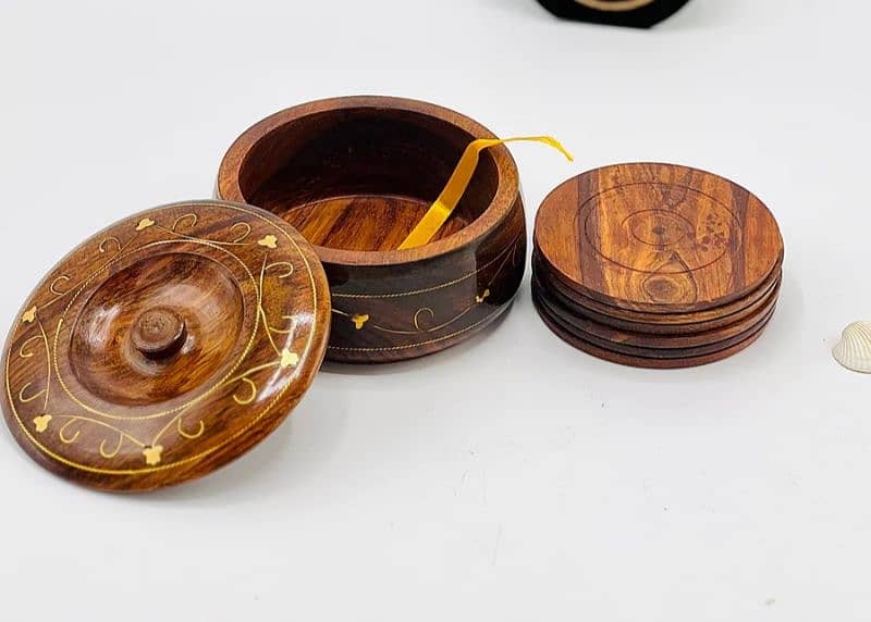 Brass Work Coaster, Wooden Tea Mat, Carved Tea Coaster For Table. 4
