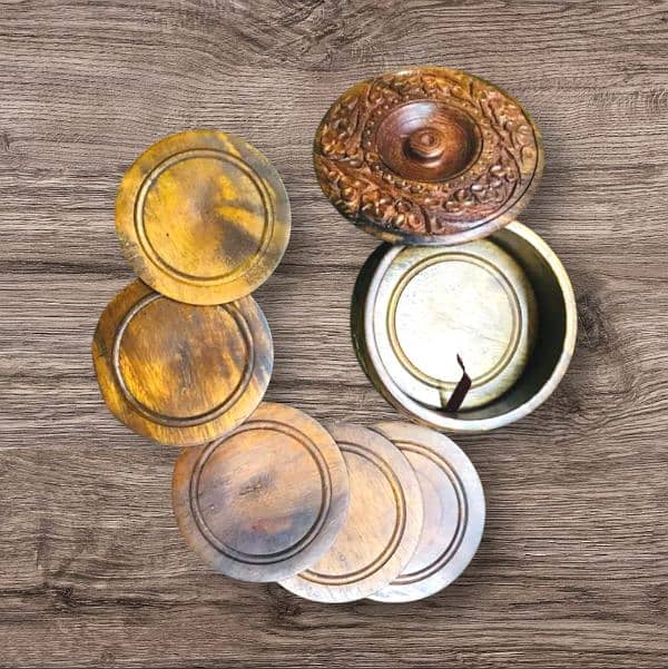 Brass Work Coaster, Wooden Tea Mat, Carved Tea Coaster For Table. 5