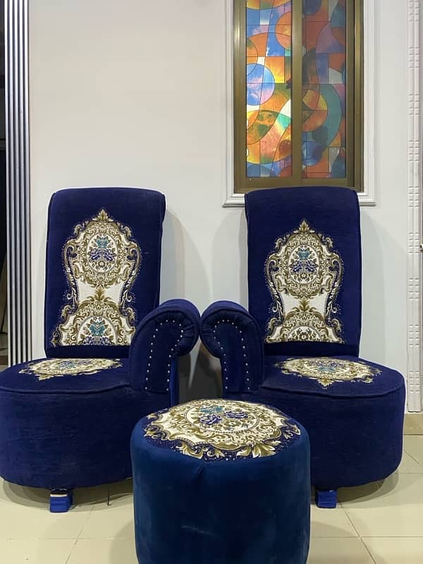 Blue pair of Sofa Chairs and a leg rest stool 0