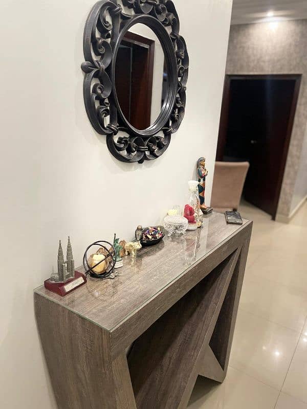 wooden console with glass top with mirror 1