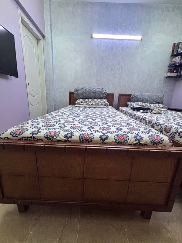 2 x Single Oak Veneer Wood Bed + Side Table 2