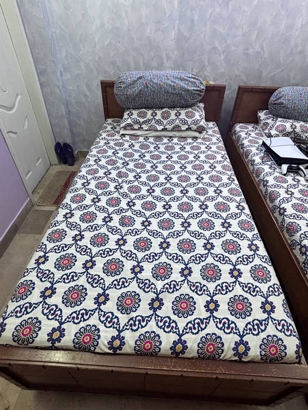 2 x Single Oak Veneer Wood Bed + Side Table 3