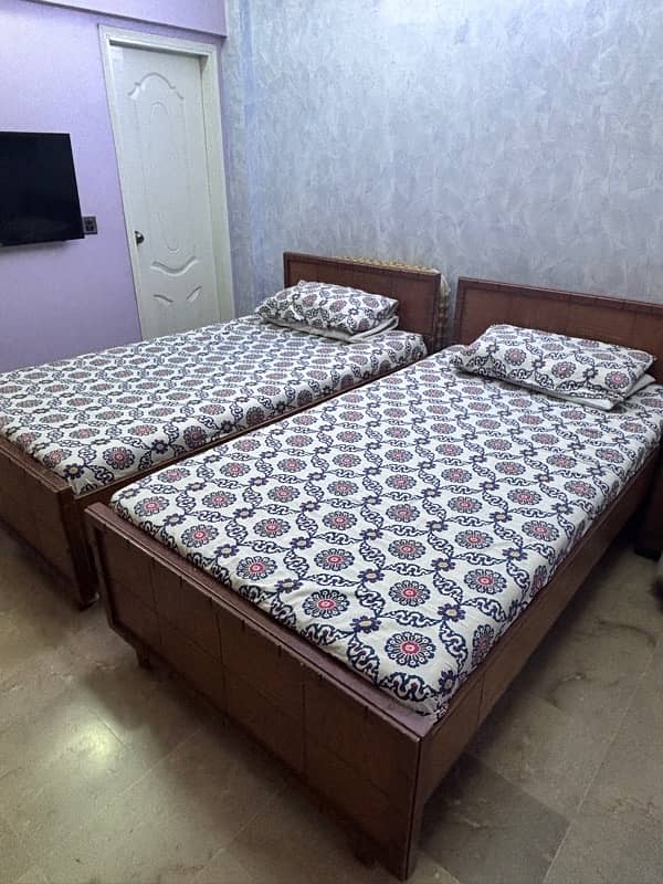 2 x Single Oak Veneer Wood Bed + Side Table 7