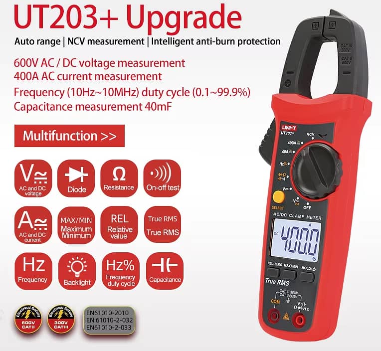 UNI-T UT203+ Digital Clamp Meter AC DC Multimeter Solar Inverter UPS 1