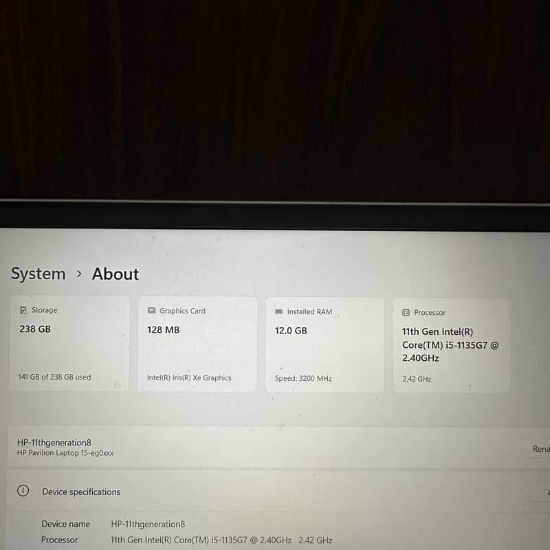 HP Laptop 11th Gen 256Gb SSD 12GB RAM 7