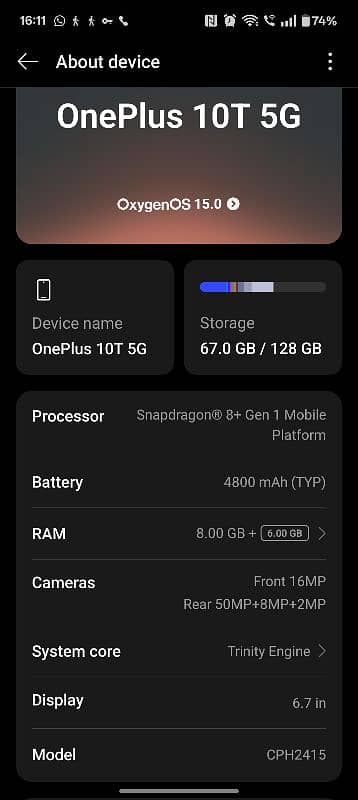 One Plus 10 T 5G 128/8+6 0