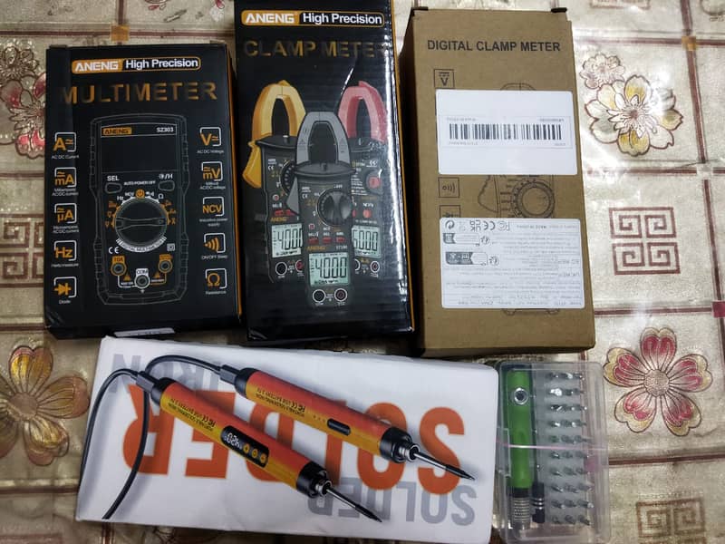 Tachometer rpm meter, Clamp meter, wireless soldering iron, 0
