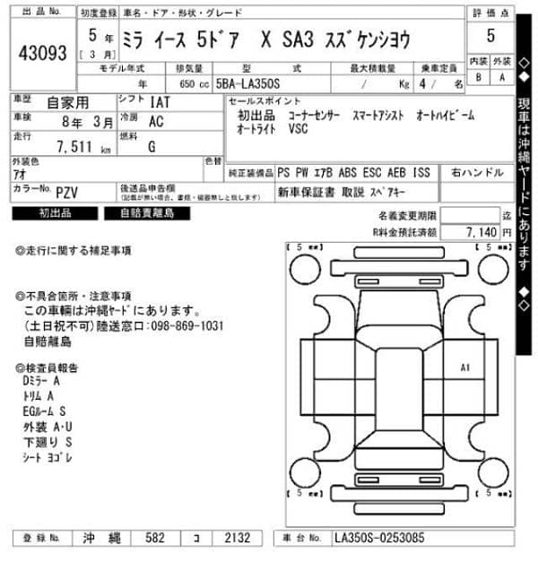 Daihatsu Mira ES X Limited SA III Model 2021 - 5 Grade Auction 13