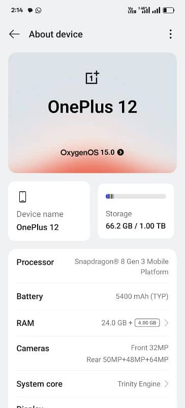 OnePlus 12 mobile 24 gb ram 1TB storage 0