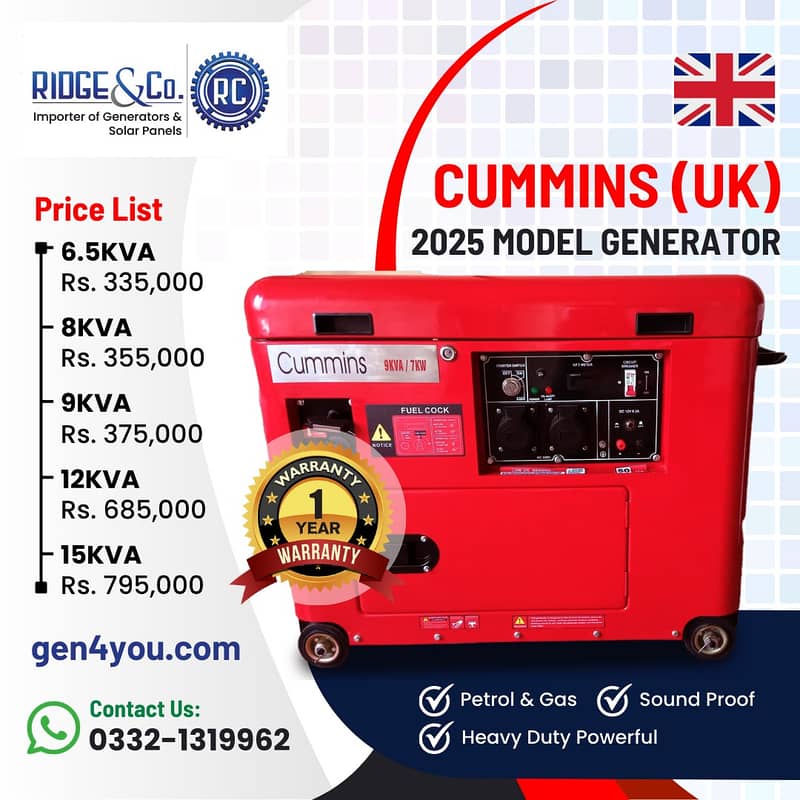 Cummins 6.5KVA, 8KVA, 9KVA Petrol & Gas Generators Soundproof. 3