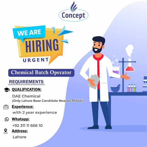 urgently  chemical batch operator  needed at thokar factory 0