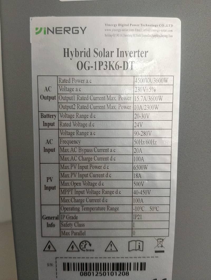 Yinergy 3.6KW Hybrid Solar Inverter | Model: OG-1P3K6-DT 0
