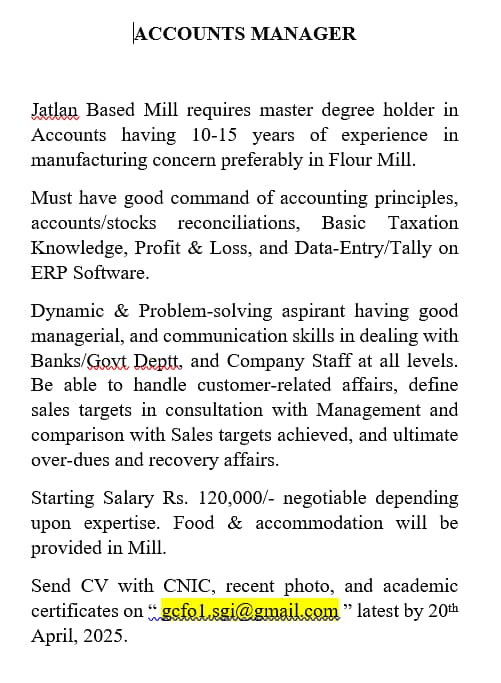 Jatlan Based Mill requires Accountant having 10-15 year of Experience 0