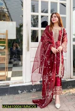 3pc women stitched organza embroidered suit