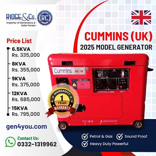Original Cummins Petrol & Gas 6.5KVA to 15KVA Soundproof Generators. 1