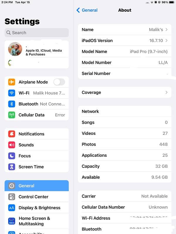 Apple ipad pro (9.7) LLA model 0