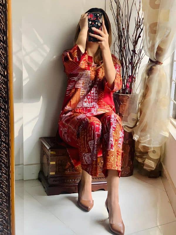 2pec women's stitched linen block printed suit 1