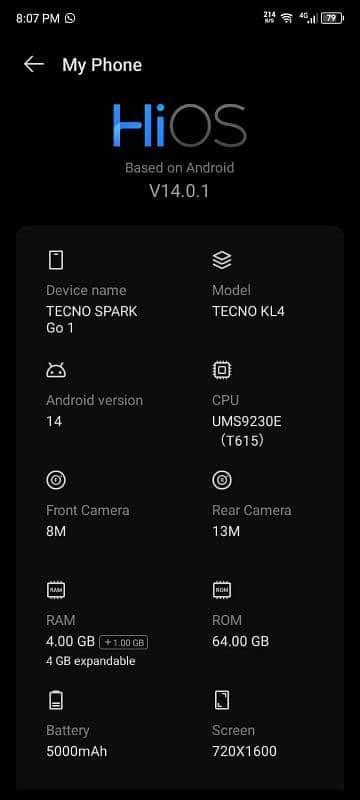 Tecno spark go 1 4+4gb ram 64 rom 0