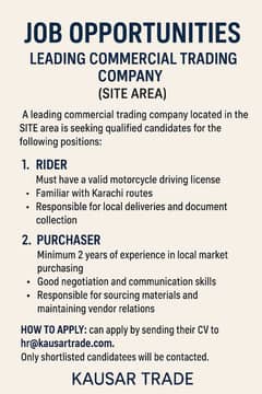 Job Opportunities – Leading Commercial Trading Company (SITE Area)