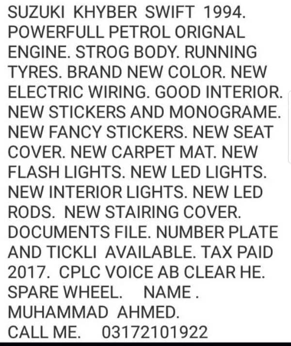 Good Khyber Swift 1994.  Call- 03172101922 16