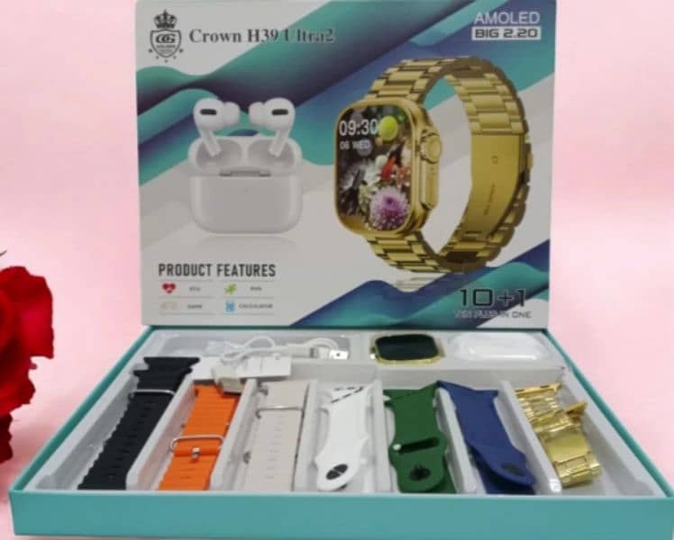 Crown H39 Smart Watch Gold Edition With 7 Straps Plus Earbuds 0