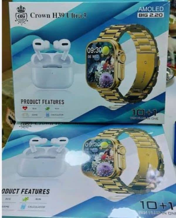 Crown H39 Smart Watch Gold Edition With 7 Straps Plus Earbuds 1