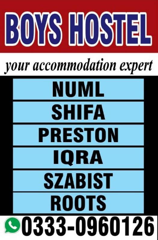 boys hostel near Numl , icma and shifa 1
