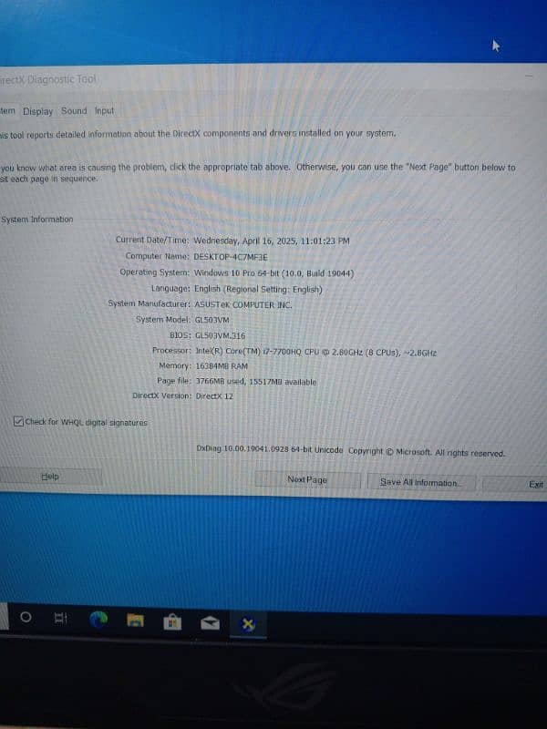 Asus rog gl503vm corei7 7thgen 16gbram 512ssd 6gb nvidea gtx 1060 card 0
