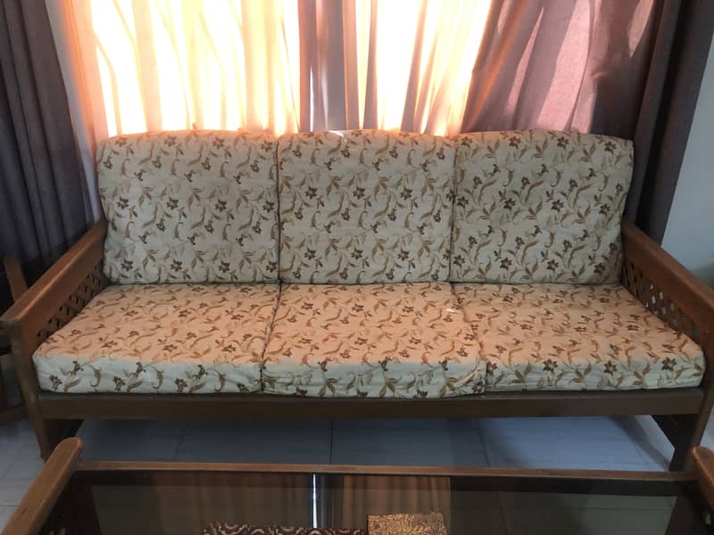 5 seater wooden sofa set + three center tables 1