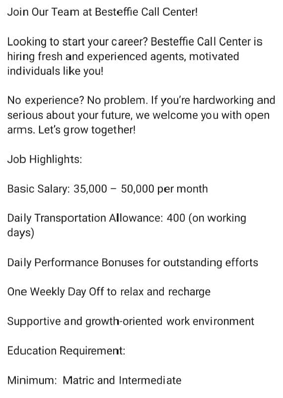 Best Opportunity for males and females freshers and experienced. 0