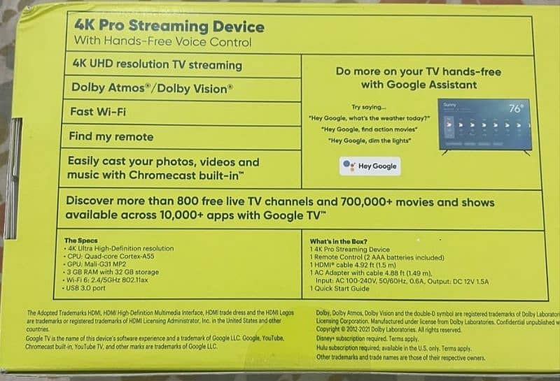 onn. Google TV 4K Pro Streaming Device (New, 2024), 4K UHD 1
