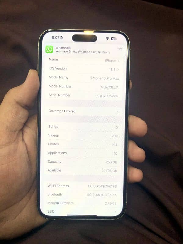 iphone 15Pro max white titanium JV Non PTA 256 GB Cycle count 263 7