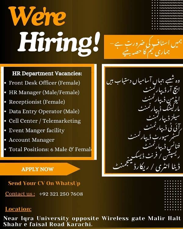 i need 4 male and female in Karachi 0