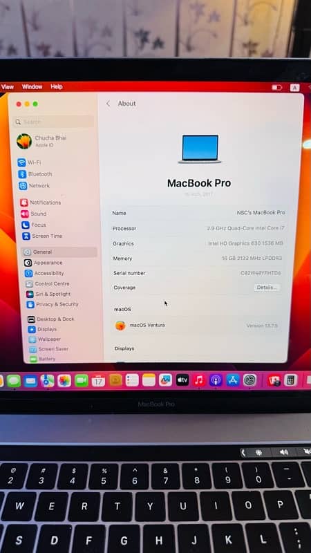 Mac book Pro 2017 model with touch bar, intel i7, 512GB storage 8
