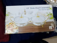 12" Twin oval ceramic casseroles with warmer rack