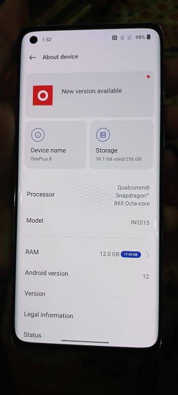 One plus 8 . . 12+7gb ram 256 memory . . . Snapdragon 8