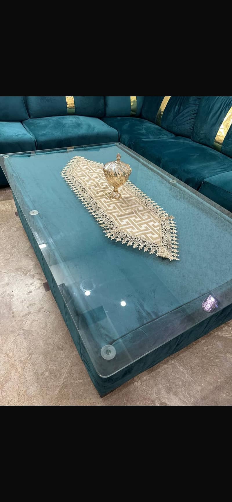 C green 6 seater sofa with  5ft X 3 ft centre table 1