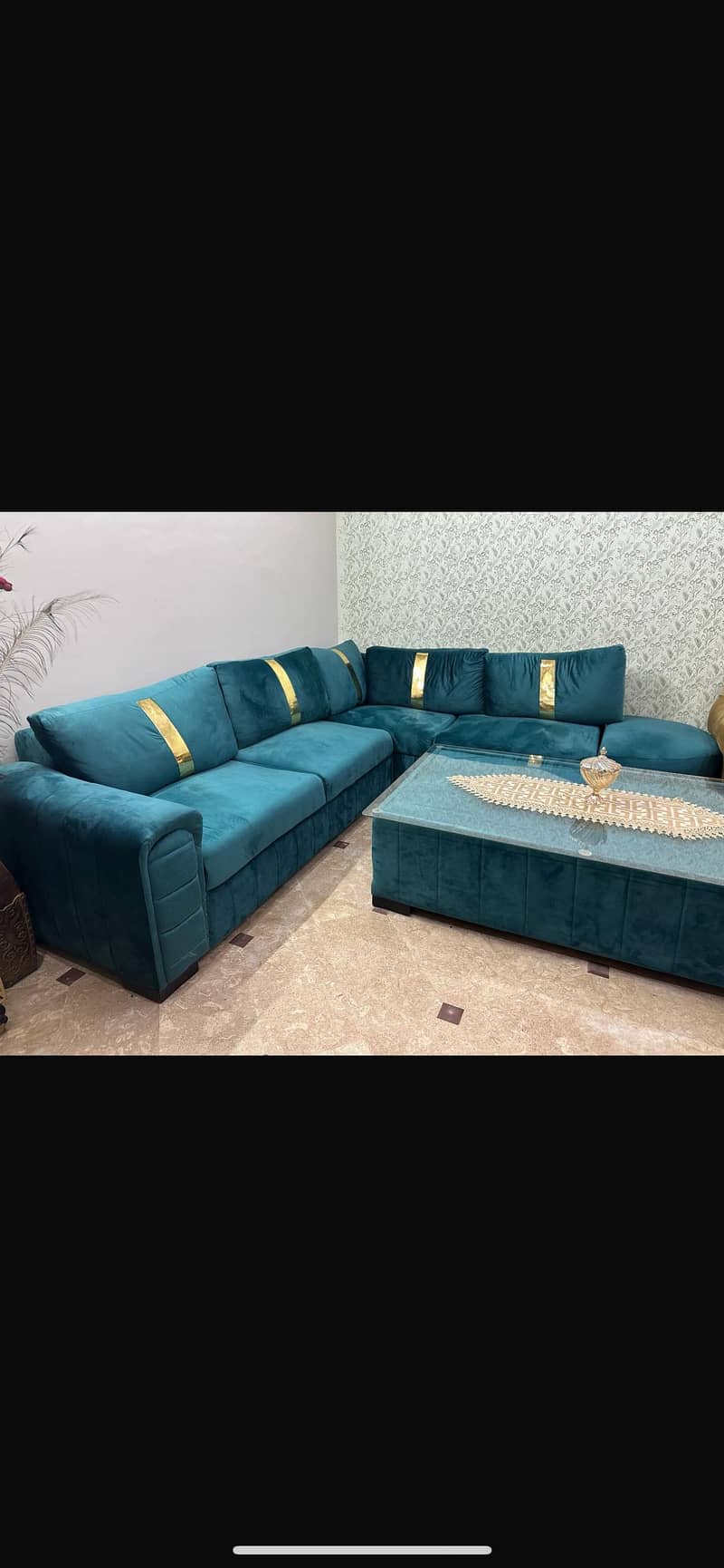 C green 6 seater sofa with  5ft X 3 ft centre table 2