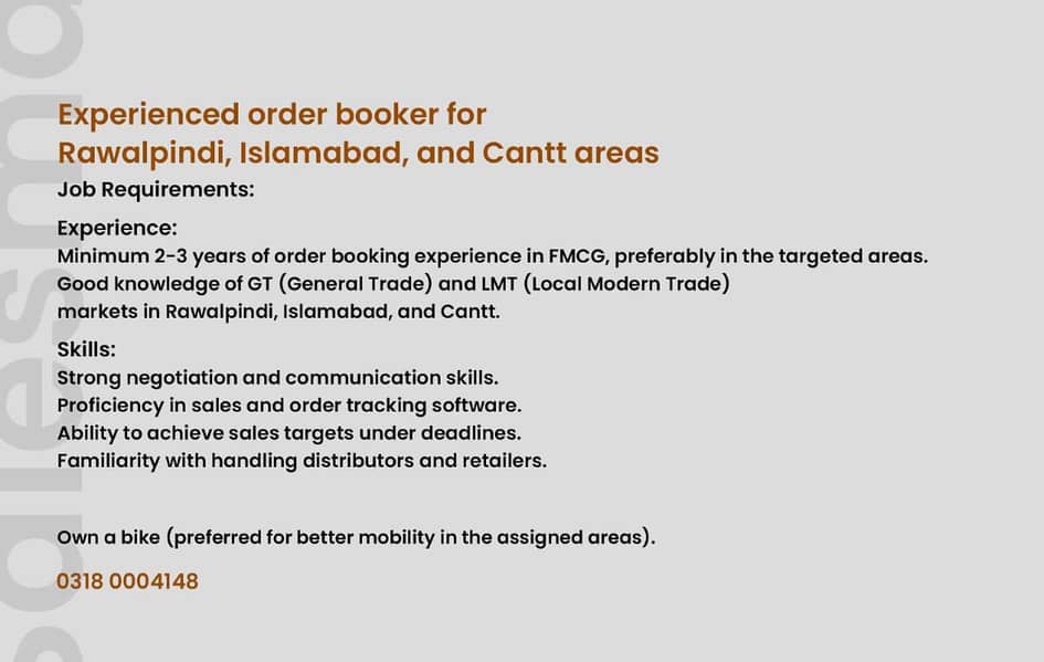Expereince order booker for islamabad , rawalpindi , cantt 0