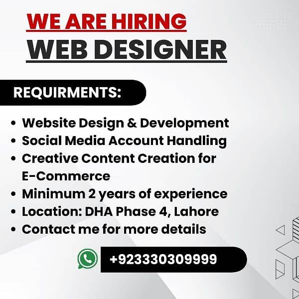 Web Designer Required – DHA Phase 4, Lahore | Min. 2 Years Experience 0
